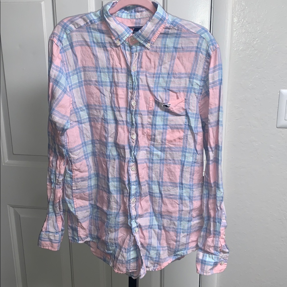 Vineyard vines classic fit tucker linen buttonup collared plaid long sleeve
